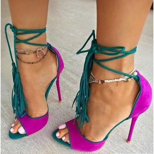 Carpaton Summer Casual Style womens sheep suede peep toe ankle straps high heel sandals sexy stiletto heels purple and yellow