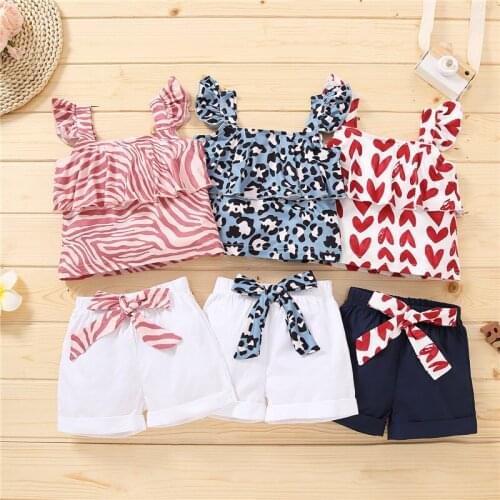 2021 New Fashion Toddler Kids Girls Summer Outfits Leopard/Heart Print Ruffles Vest Tops+Bowknot Shorts Children Clothing Sets