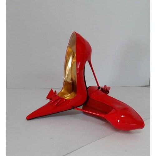 Sexy Red Pointed Toe Super Thin High Heels 14/16/18Cm Women Pumps Knowknot Stilettos Steel Heels Metal Heels Shoes