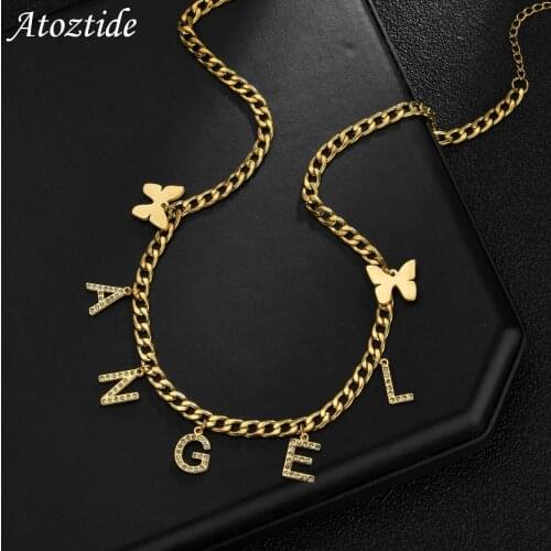 Atoztide Custom Name Butterfly Stainless Steel Necklaces Cubic Zircon Letters Crystal Pendant for Women Thick NK Chain Jewelry