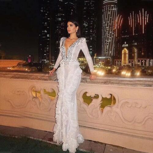 Latest Fashion Hot Selling Celebrity Women Beads Long Sleeve Sequin Long Dress Cocktail Gown Vestidos Elegant White Dress Party