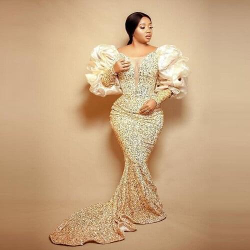 Sequined Puffy Long Seeves Prom Dresses Evening Gowns Scoop Sheer Neck Custom Made African Women Party Dress Plus Size Vestidos