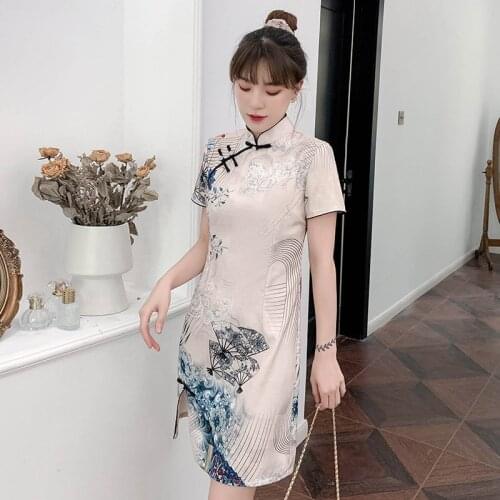 Real Shot Summer New Large Size Printing Fashion Modified Cheongsam Fat Sister Slim Dress 7035