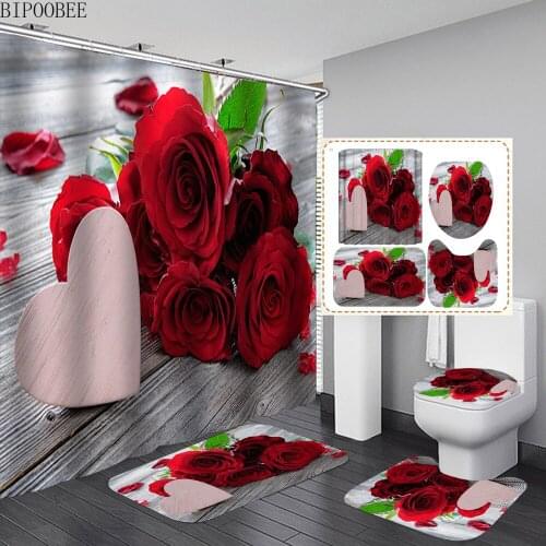 Rose Flower Printed Shower Curtain Set Bath Mats Rugs Love Board Pattern Toilet Cover Bathroom Curtains with Hooks Home Decor