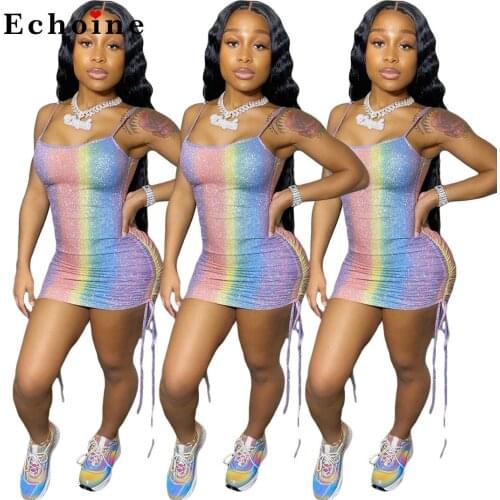 Sexy Womens Pleated Spaghetti Strap Dress Lace Up Nightclub Colorful Glittering Powder Bodycon Charming Clothes Female Vestidos
