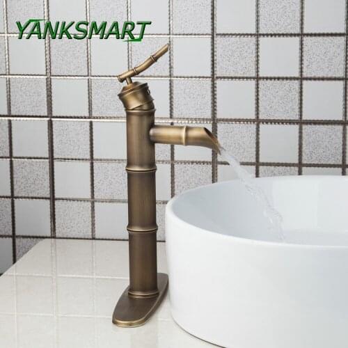 YANKSMART Bamboo Retro Style Bathroom Antique Brass Faucet Single Lever Deck Mounted Faucets With Hole Cover Plate Mixer Tap