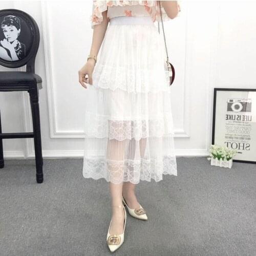 FairyShely 2020 Pleated Long Skirt Women Summer Elastic Band High Waist Mesh Lace Hollow Out Skirt White Maxi Office Skirt