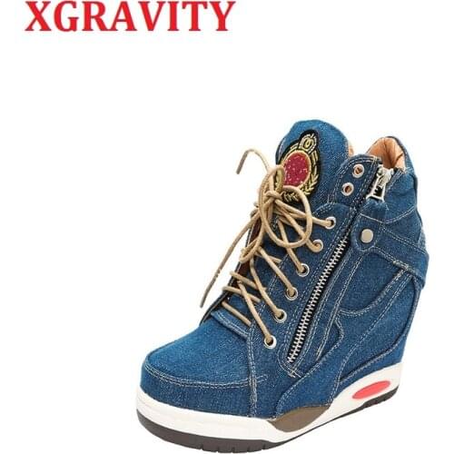 XGRAVITY 2021 New Autumn Height Increasing Denim Booties Women Fashion Lace Up High Heels Shoes Fashion Boots Lady Shoes B057