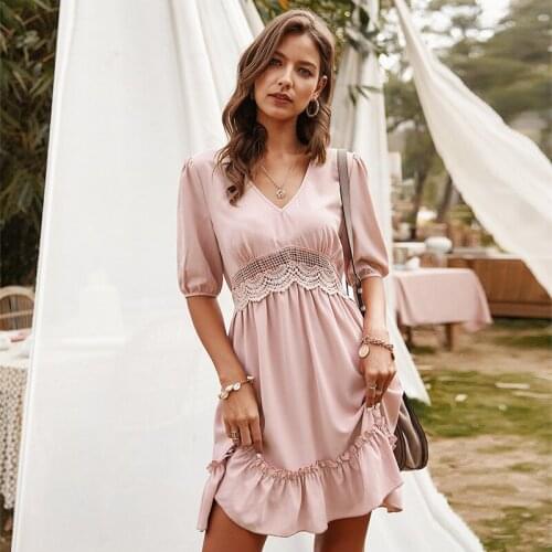 Elegant Solid Half Sleeve Summer Dress Womens A-Line Hollow Out Ruffles Office Lady V-Neck High Waist Short Dresses