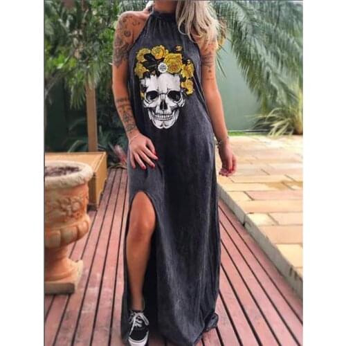 Summer Dresses Women Punk Style Loose Halter Neck Sleeveless Skull Print Female Shirt Dress Street Side High Split Flower Print