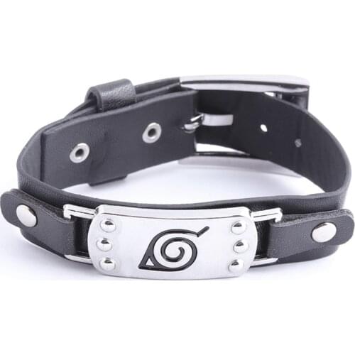 Anime Naruto Konoha Leaf Bracelet Wrist Belt Buckle Style Black Pu Leather Cuff Bangle Bracelets for Men Jewelry
