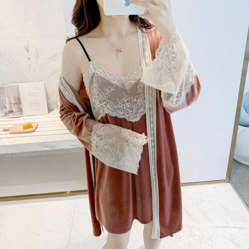MECHCITIZ 2 pieces velvet robe & gown sets autumn winter pyjamas lounge warm sexy sleepwear bathrobe nightdress home wear suit