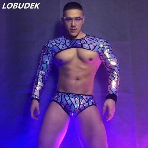 Glitter Laser Mirror Dance Costume Nightclub Bar Men Gogo Stage Wear Sequins Tops Briefs Technology Future Performance Clothes