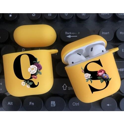 Custom Name Black Letter Alphabet Flowers soft yellow TPU silicone Bluetooth Airpod Case For Airpods 1/2 Airpods pro