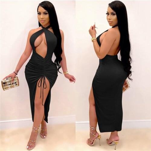 CHRONSTYLE 2021 Hollow Out Backless Sexy Women Dress Party Off Shoulder Halter Lace-up High Waist Side Split Long Dress Clubwear