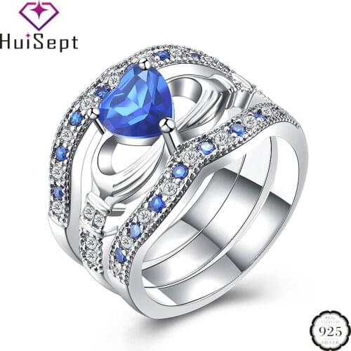 HuiSept 3 IN 1 Women Ring Silver 925 Jewelry Heart-shaped Sapphire Zircon Gemstones Ornaments Rings for Wedding Party Wholesale