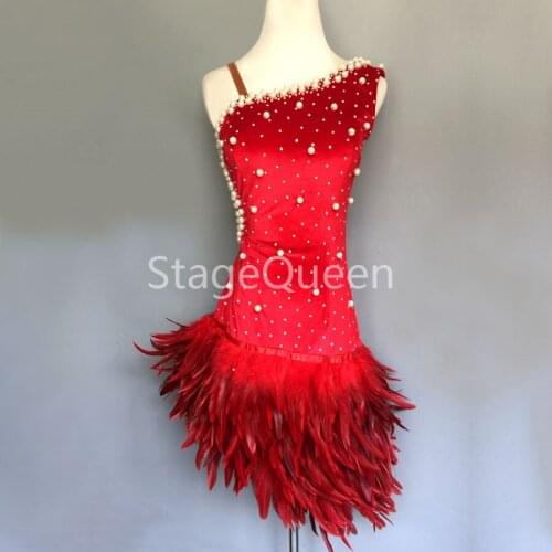 Red Feathers Pearls Competition Latin Dance Dress Women Modern Dancewear Ladys Professional Latin Skirt Samba Dance Salsa Dress