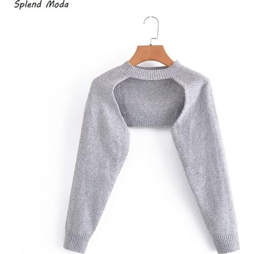 Fashion New Autumn Pullover Long-Sleeve Knitted Top Female O-Neck Knitted Ultra-Short Gray Shawl Fashion Sweater Women Trend