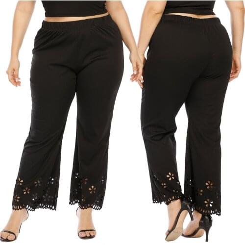 2020 New Womens Hollow Burnt Flower Micro Trumpet Straight Pants Elastic Waist Casual Pants Solid Color Easy Comfortable