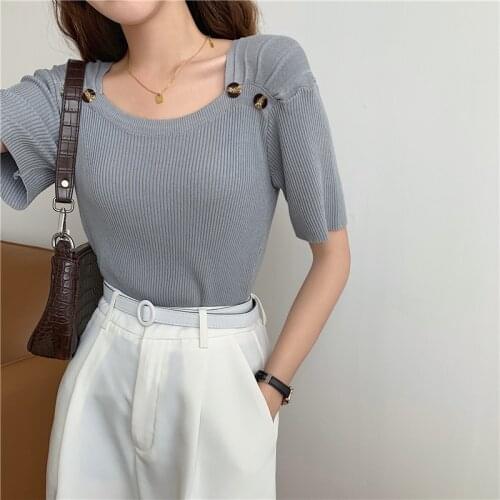 2021 summer new Short sleeve Cashmere sweater womens Square collar knit bottoming shirt female pullover tops t shirt women