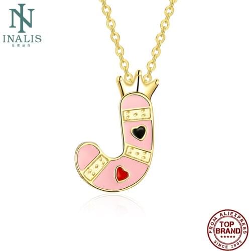 INALIS Pink Letters Series Necklace For Women Trendy Gold Plated Pendent Necklace Cute Crown Letter J Shape Festival Jewelry