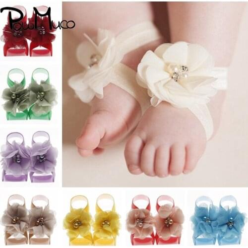 Powmuco Hand Sewing Rhinestone Beads Floral Baby Girls Barefoot Sandals Infant Elastic Band with Foot Flowers Photography Props