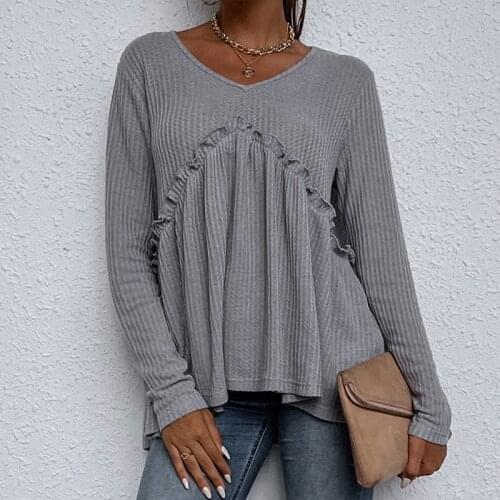 Loose Casual Camis Tops Sexy Streetwear 2021 Autumn Female Knitted Tees Pullover Ruffles Grey Tops Women Clothes Knitted Sueter