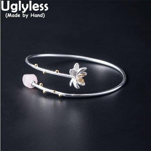 Uglyless Handmade Blooming Lotus Flowers Bangles for Women Nature Crystals Lotus Buds Open Bangles Solid 925 Silver Floral Jewel