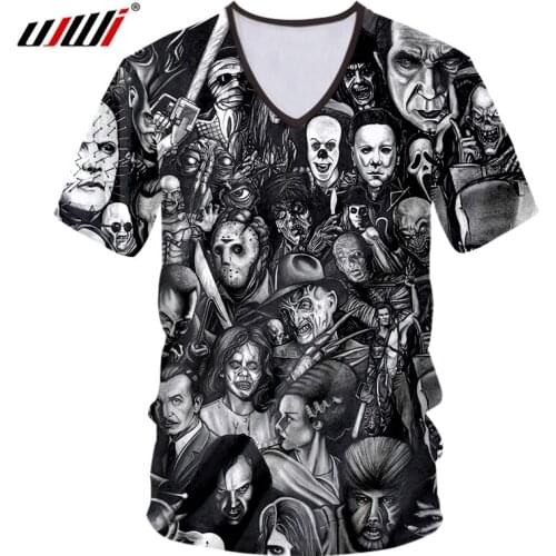 UJWI V Neck Tshirt 3d Print Clown Mask Joker Black While Fitness Horror Casual T Shirt Unisex New Summer Tops Women/mens