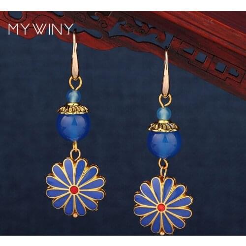 MYWINY chrysanthemum flowers vintage copper gold earrings, fashion ethnic blue jewelry