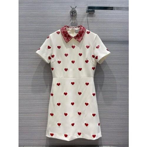 2021 Spring and Autumn Womens Wear New Sweet Wind Love Pearl Embroidery A Short Sleeve Dress