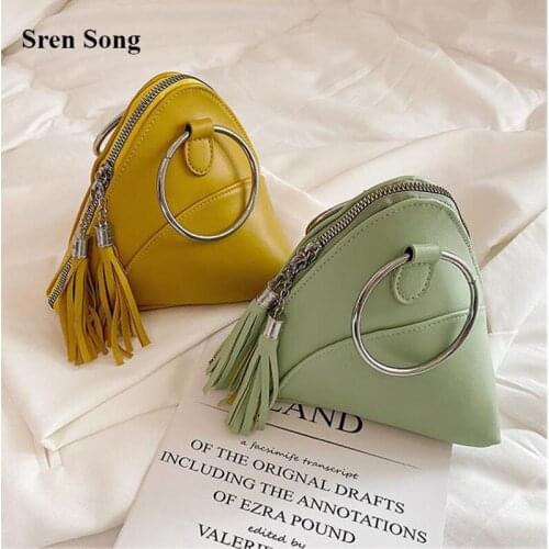 2021 Women Handbags Spring and Summer New Tassel Bags Female Fashion Hand-carrying Ring Portable Triangle Bags Solid Color Bags