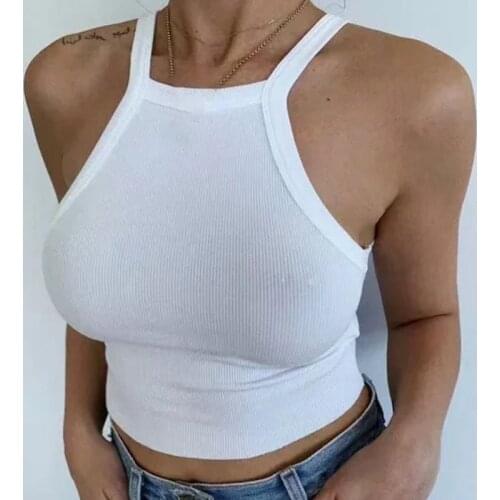 Women Stretch-fitting Slim Ribbed Tank Top Umbilical Narrow Shoulder Thread Vest Summer Casual Fitness Short Knitted Off