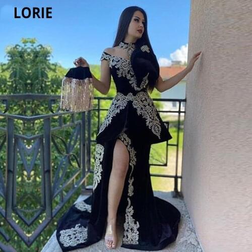 LORIE Caftan Marocain Evening Dress Mermaid Black Lace Appliques Velvet Arabic Prom Celebrity Gowns with Remove Skirt High Split