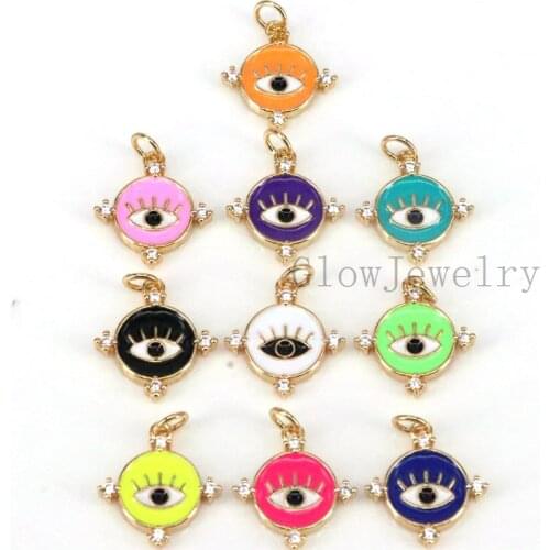 10Pcs Round Eye Pendant, Mini Gold-color Crystal Pendant, Enamelled Evil Eye Pendant Charm For Necklace Jewelry Making