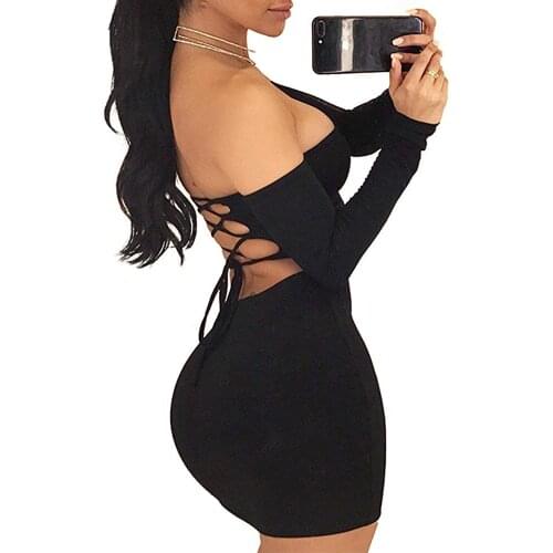 2019 ZSIIBO winter long sleeve dress Womens Sexy Off Shoulder Backless Lace Up Club Bodycon Mini Dress