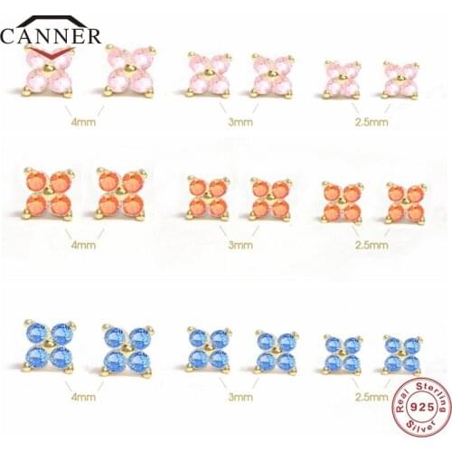 CANNER S925 Sterling Silver Colorful Zircon Petal Crystal Flower Stud Earrings for Women Piercing Earring Jewelry Pendients Gift