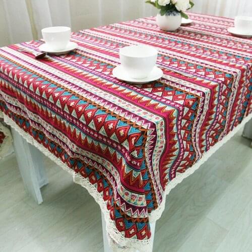 Bohemian Kitchen Tablecloth National style Linen Cotton Table Cloth With Lace Decorative Table Cover