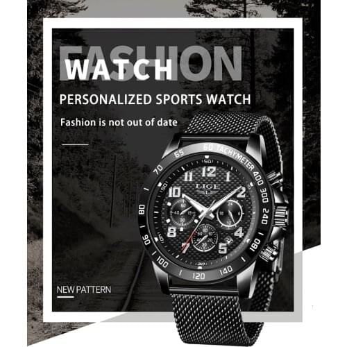LIGE 10033 2021 New Mens Multifunctional Sport Watch Stainless Steel Chronograph Waterproof Quartz Clock Wristwatches Male