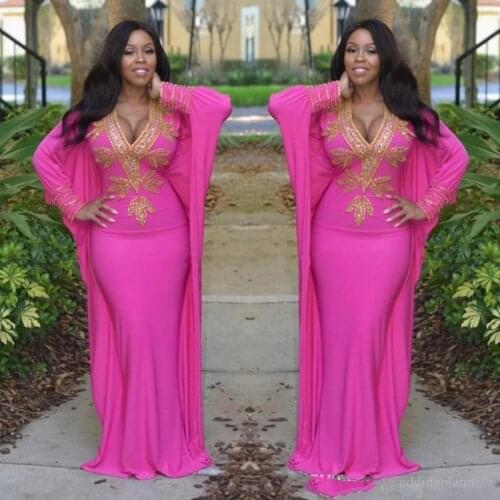 Hot Pink Arabic Dubai Moroccan Kaftan Turkish Prom Dresses with Long Sleeves Deep Embroidery Evening Gowns Gold Beads Prom Party