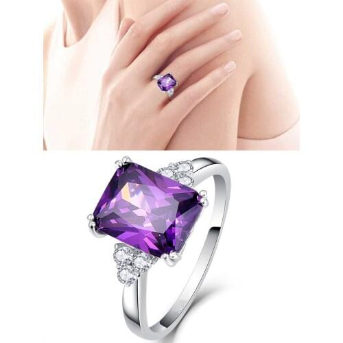 Classical square purple crystal amethyst gemstones diamond rings for women 18k white gold silver color jewelry bijoux bague gift