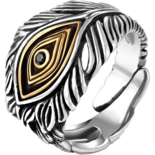 New solid s925 pure silver fashion jewelry vintage man ring wings feathers wisdom eye adjustable woman ring