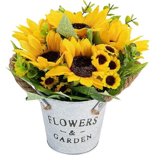 Beautiful Sunflower Bouquet Silk Flower High Quality Artificial Flower With Vase Home Garden Party Wedding Decoration DIY