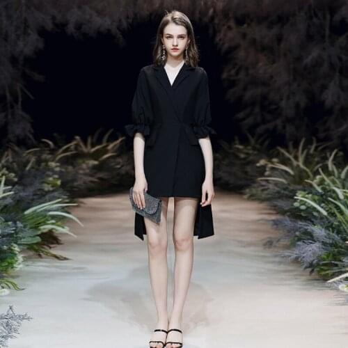 Summer Above Knee length Half Sleeve Irregular Elegant Simple Black Plus Size V Neck Cocktail Dresses 2020