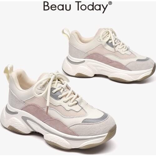 Chunky Sneakers Women Nylon Mesh Leather Mixed Colors Lace-Up Closure Platform Comfy Lady Casual Shoes Handmade BeauToday 29352