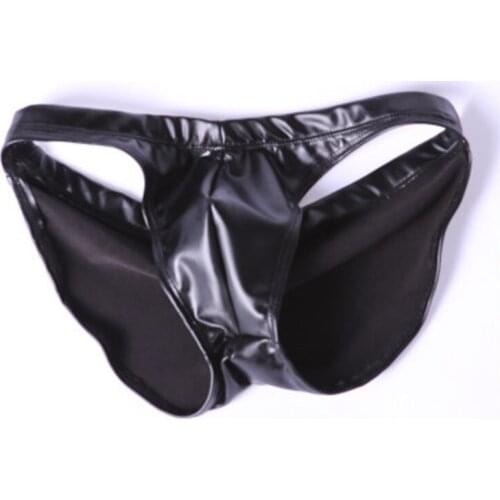Men PU Faux Leather Low-waisted Sexy Brief Colloid Imitation Latex Glossy U Convex Pouch Package Buttocks Erotic Body Underwear