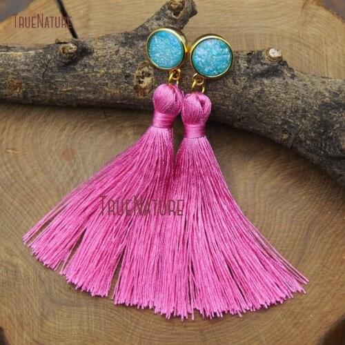 New Gorgeous Cerise Pink Silk Long Tassel Studs Women Earrings Blue Round Druzy Stone Accent Stud 3.5 inch ER9222
