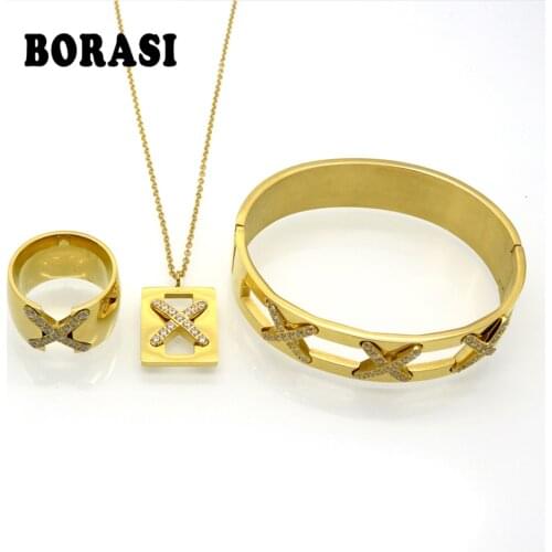 New Arrival Luxurious X Cross Crystal Bracelet Necklace Ring Sets Bridal Wedding Party Fine Jewelry Set Pendientes Mujer Bijoux