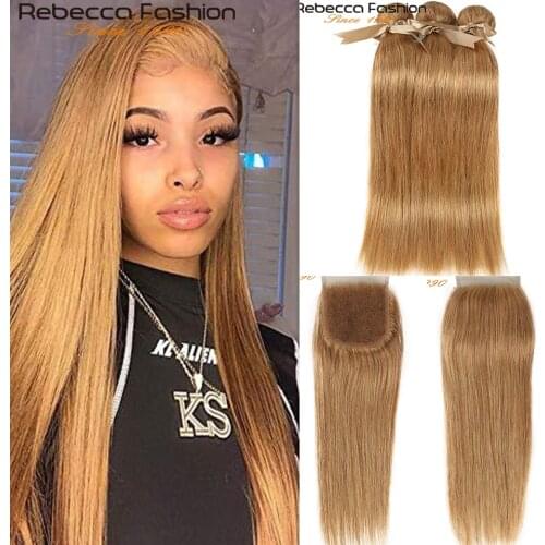 Rebecca Brazilian Straight Hair 3 Bundles With Closure Free Part Mix Color 27/30 Remy Human Hair Bundles With Closure