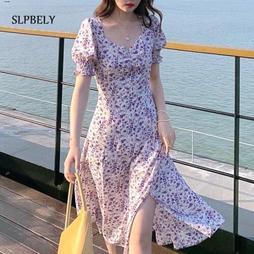 SLPBELY Summer Floral Dress Women French Side-slit Sexy Dress V-Neck Puff Sleeve Dress Chic Party Dress Trendy Vestido Sundress